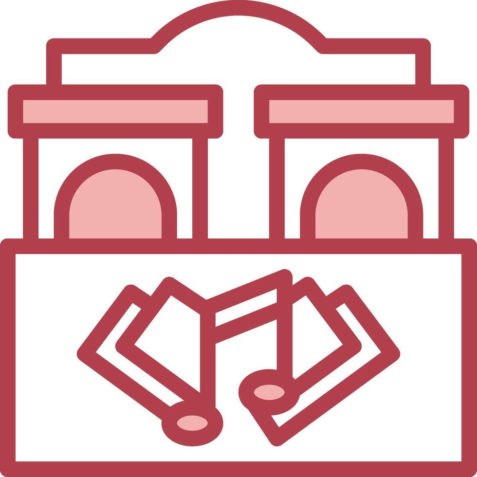 A red and white icon of a building with music notes vector