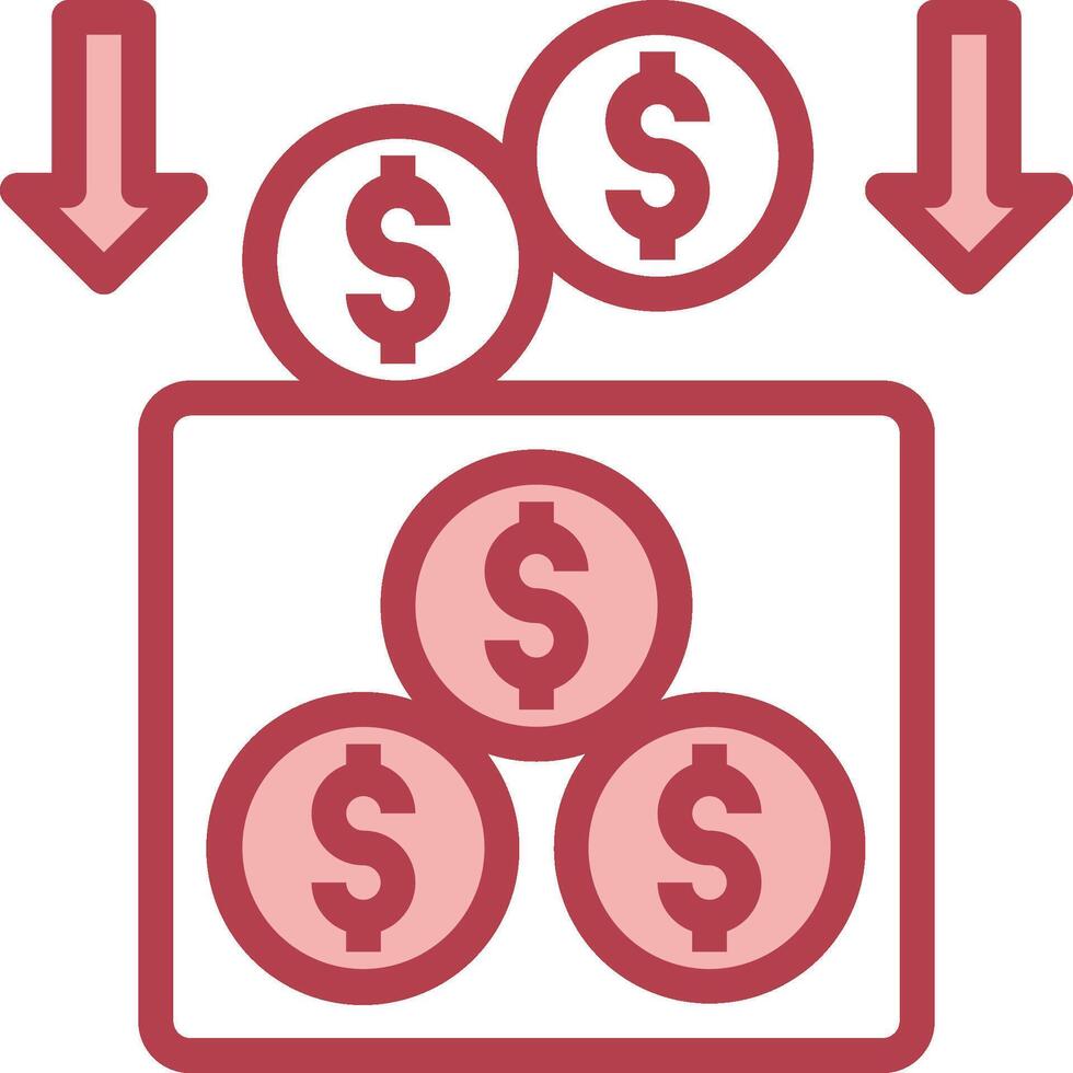 A red box with stacks of money and an arrow pointing up vector
