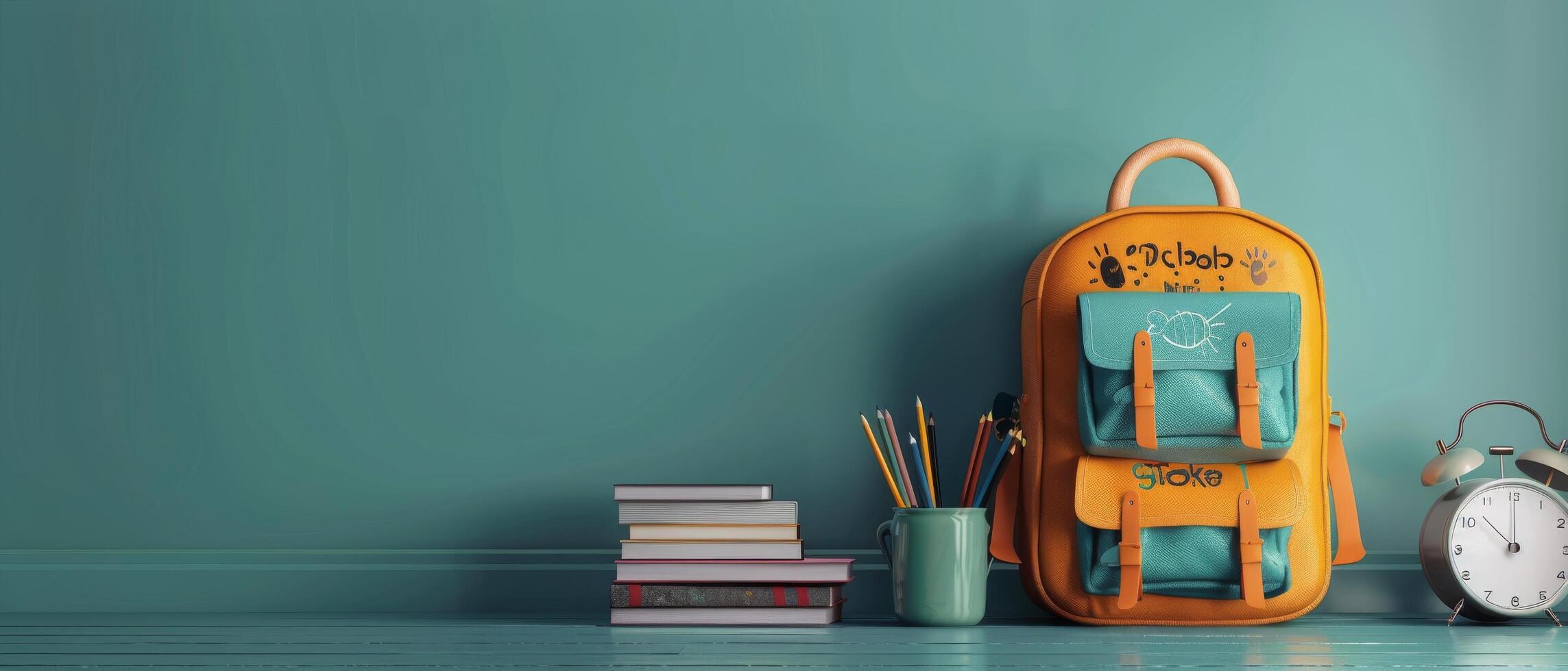 Yellow Backpack and School Supplies on a Green Chalkboard photo