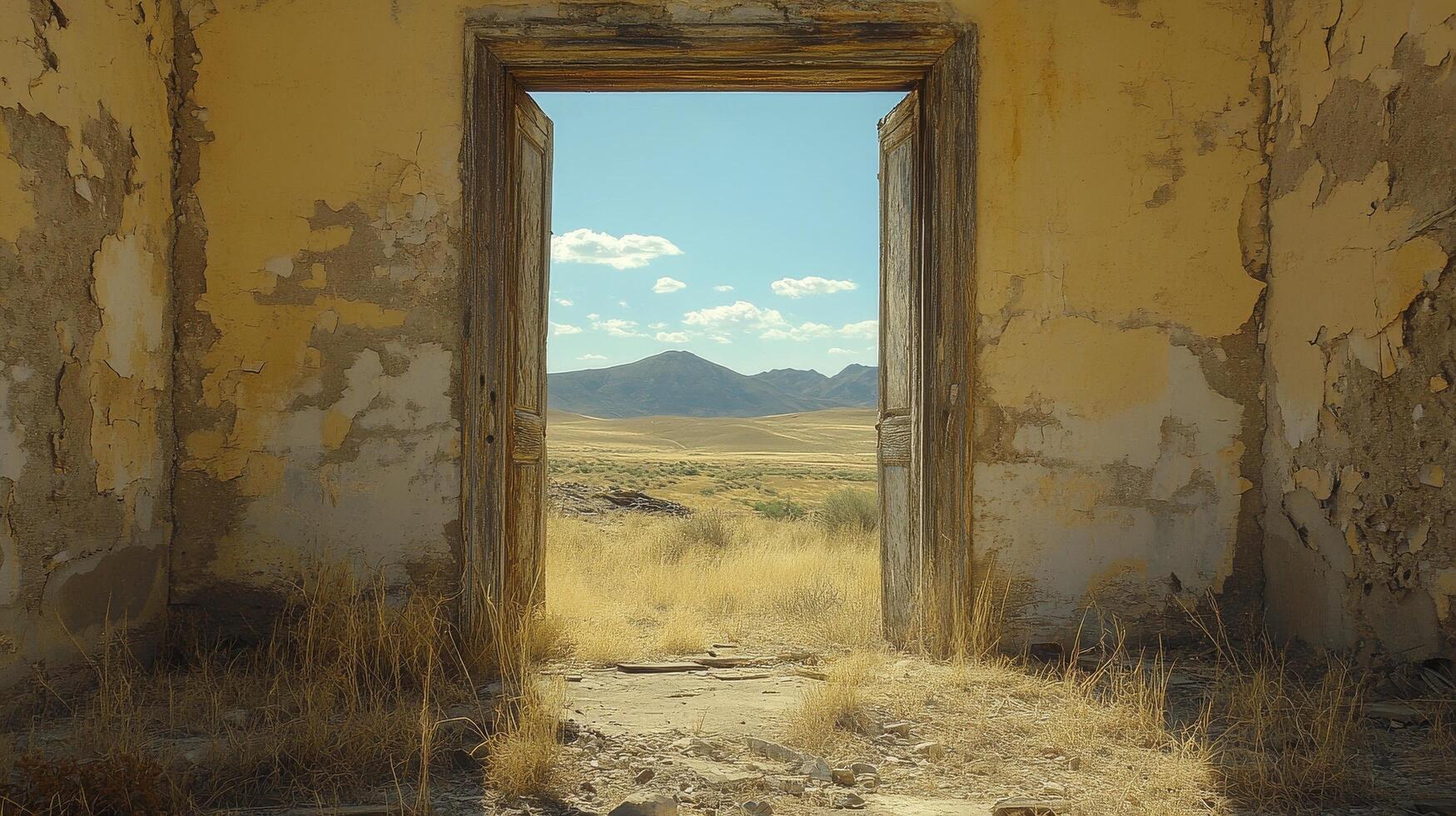 Sun sets through an archway in a weathered, abandoned building at dusk photo