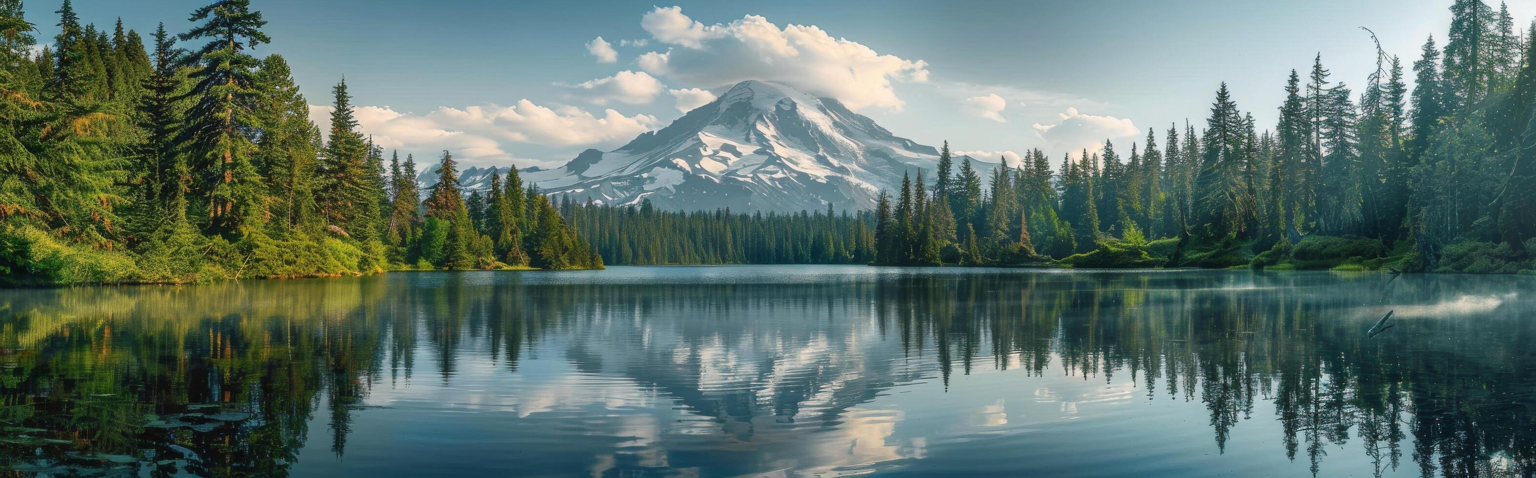 Serene Morning Reflection of Mount Rainier Over a Tranquil Lake photo