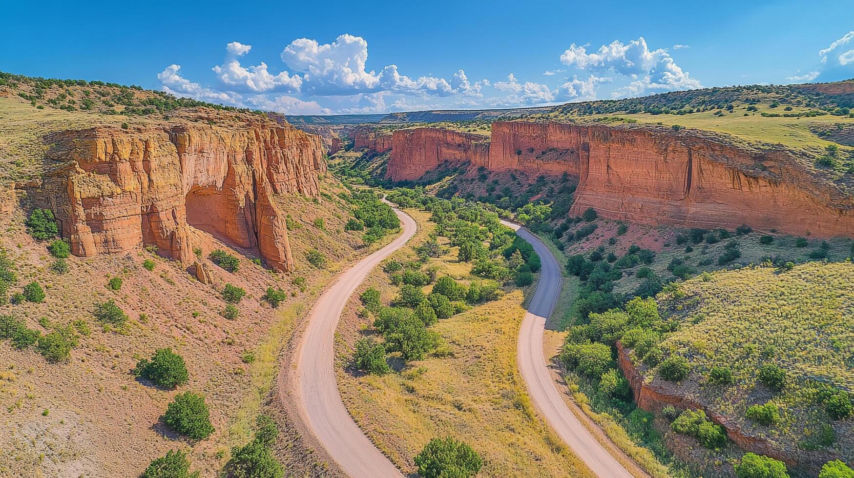 Scenic winding road through colorful canyons with mountains under a blue sky photo