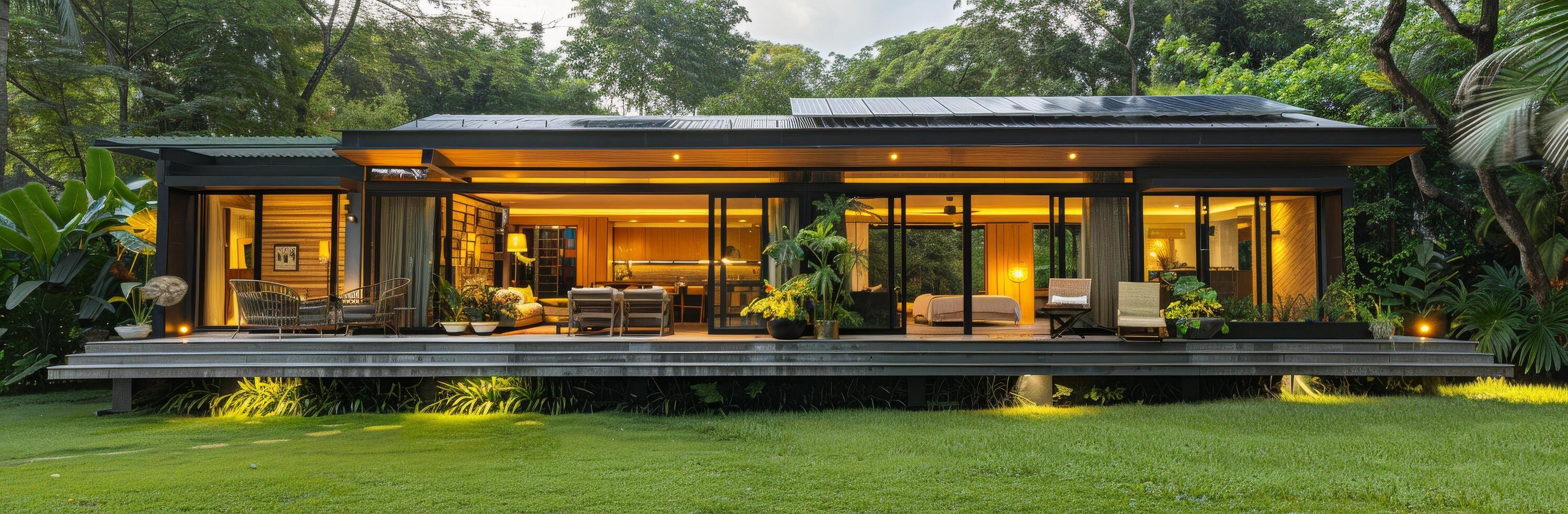 Modern House With Large Windows and Wooden Deck in Lush Green Forest Setting at Dusk photo