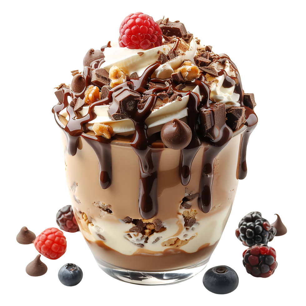 A dessert with chocolate, berries and whipped cream png