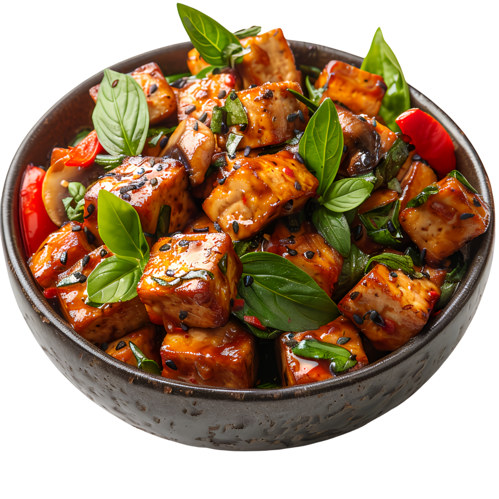 A bowl of tofu with peppers and basil leaves png
