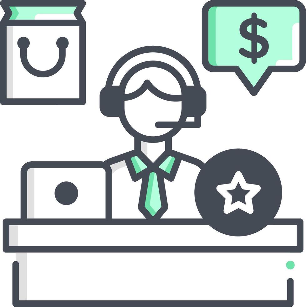 A customer service agent is working at a desk with a phone and a star vector