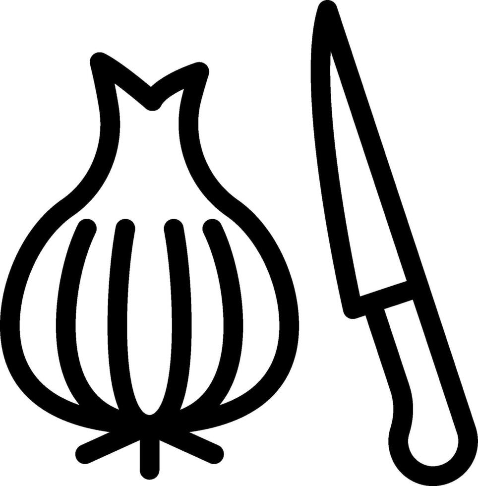 An onion and knife are shown in a black and white outline vector
