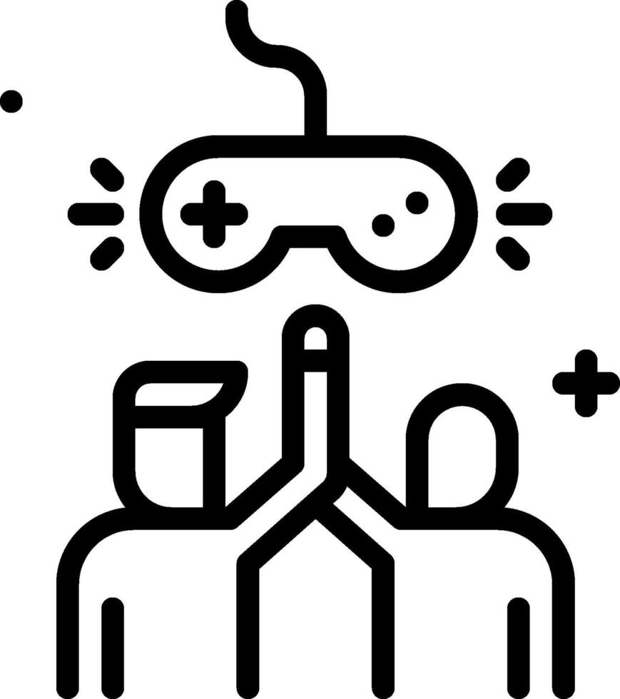 A black and white image of two people holding up a controller vector