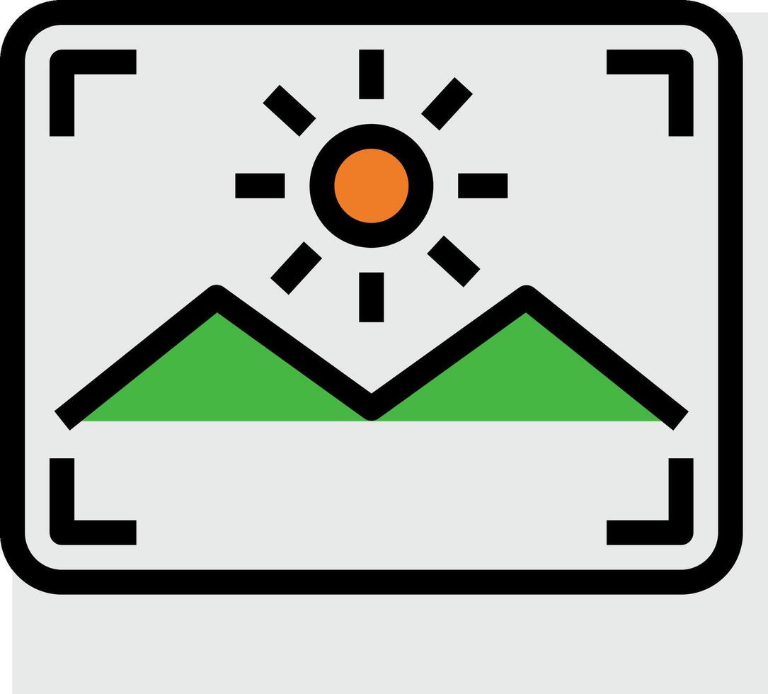 A camera with a sun and mountains in the background vector