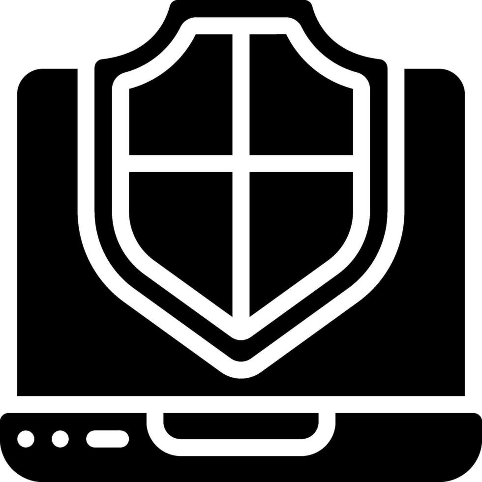 A black and white icon of a laptop with a shield vector