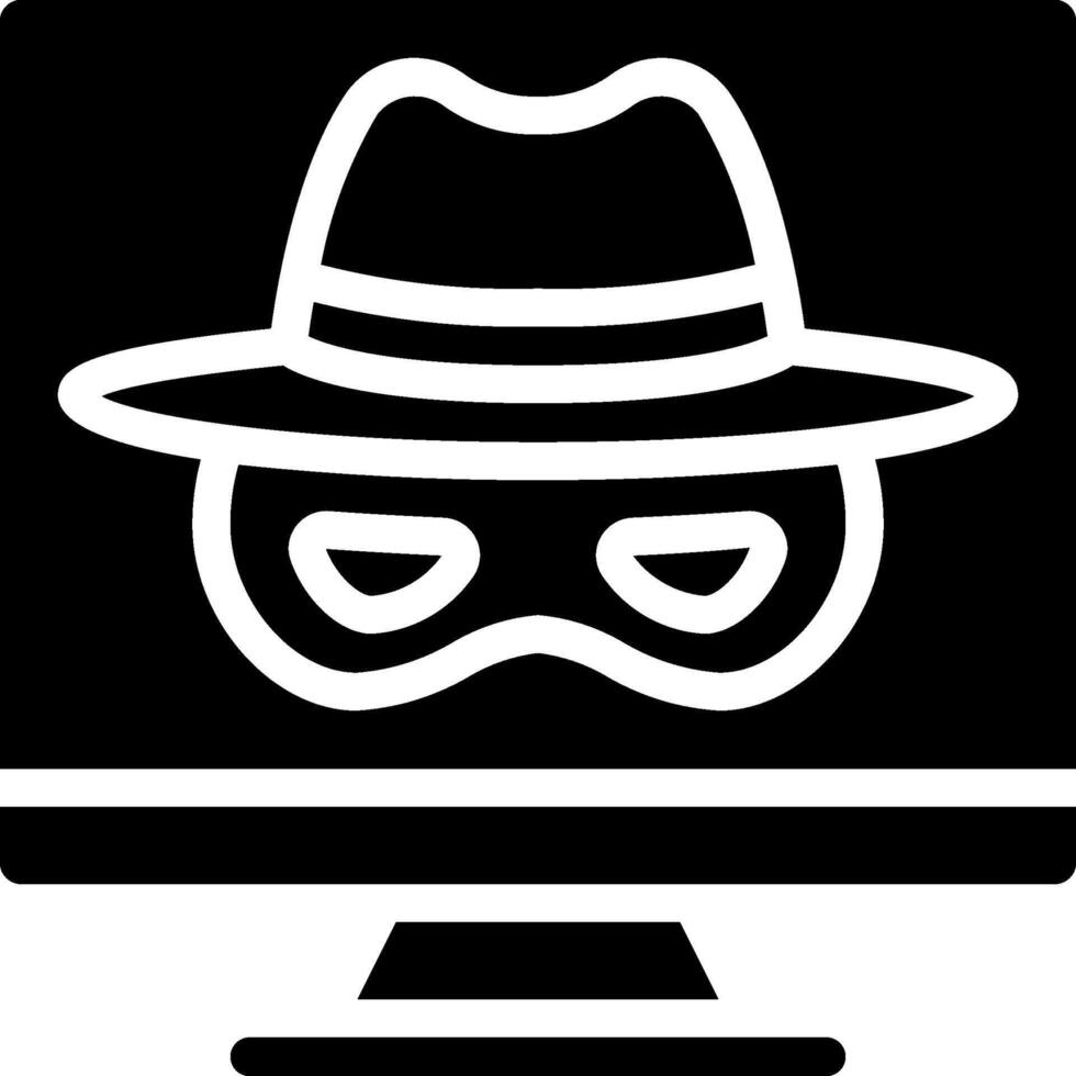 A black and white image of a computer monitor with a hat and mask vector