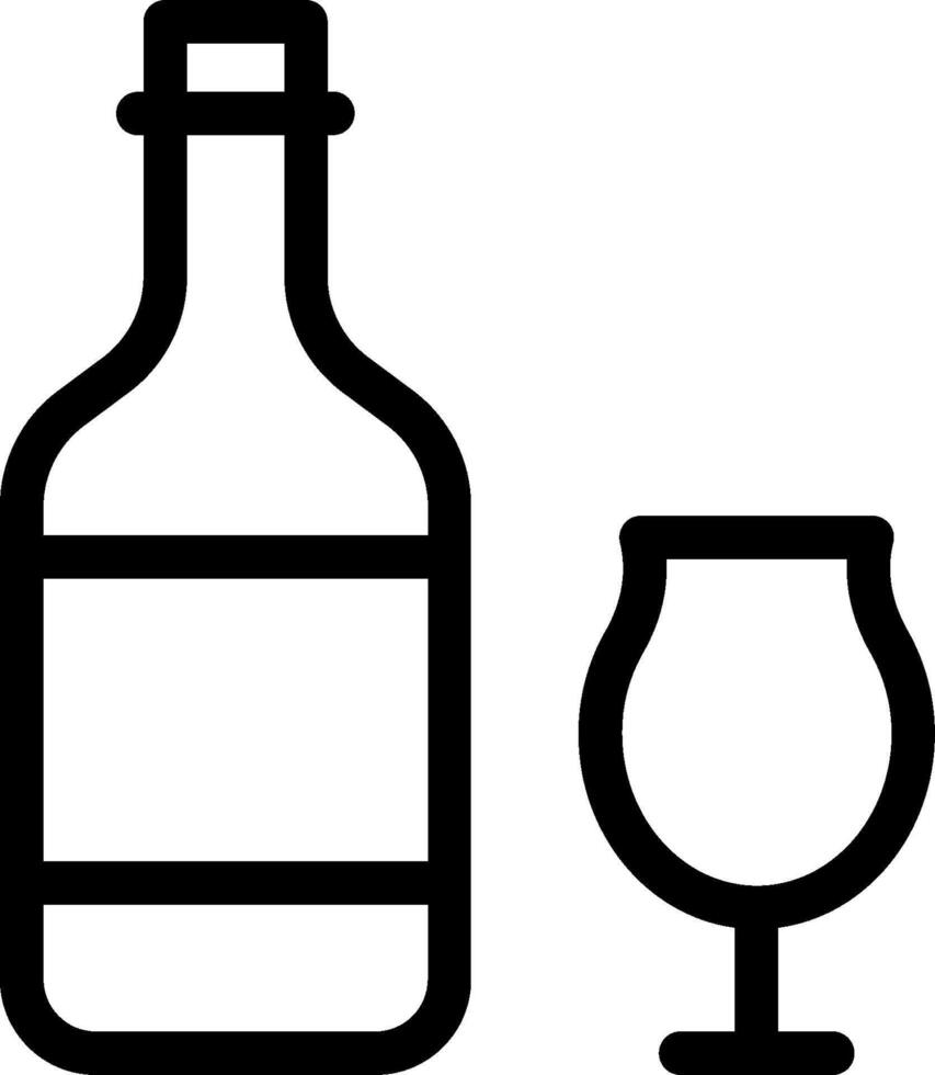 A bottle and glass of wine are shown in a black and white line vector