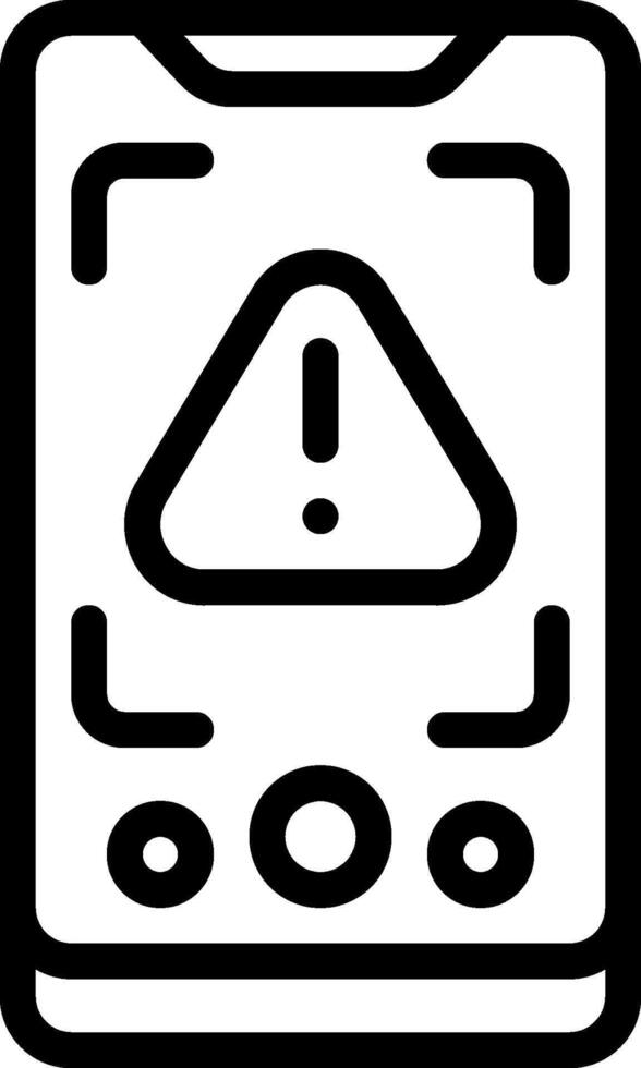 A black and white icon of a cell phone with a warning sign vector