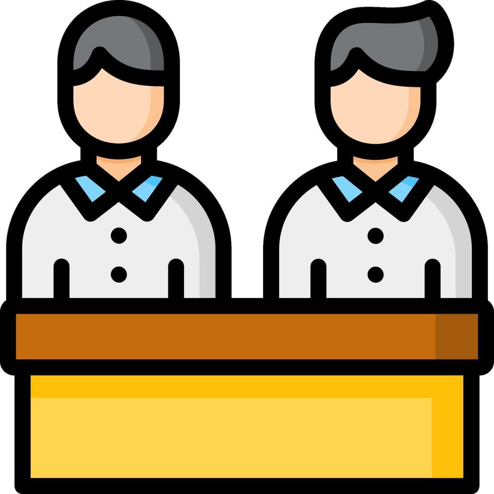 Two people sitting at a desk with a sign that says help desk vector