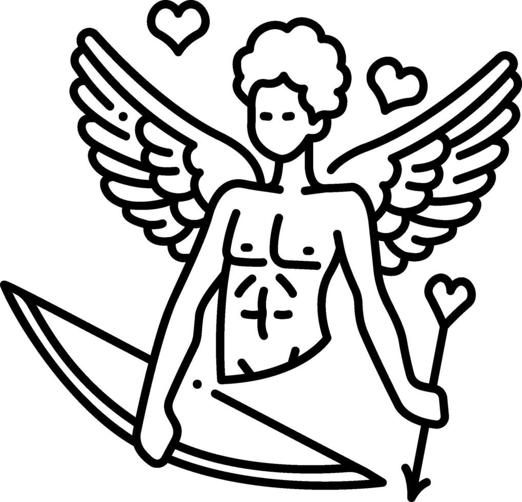 A black and white drawing of an angel holding a surfboard vector