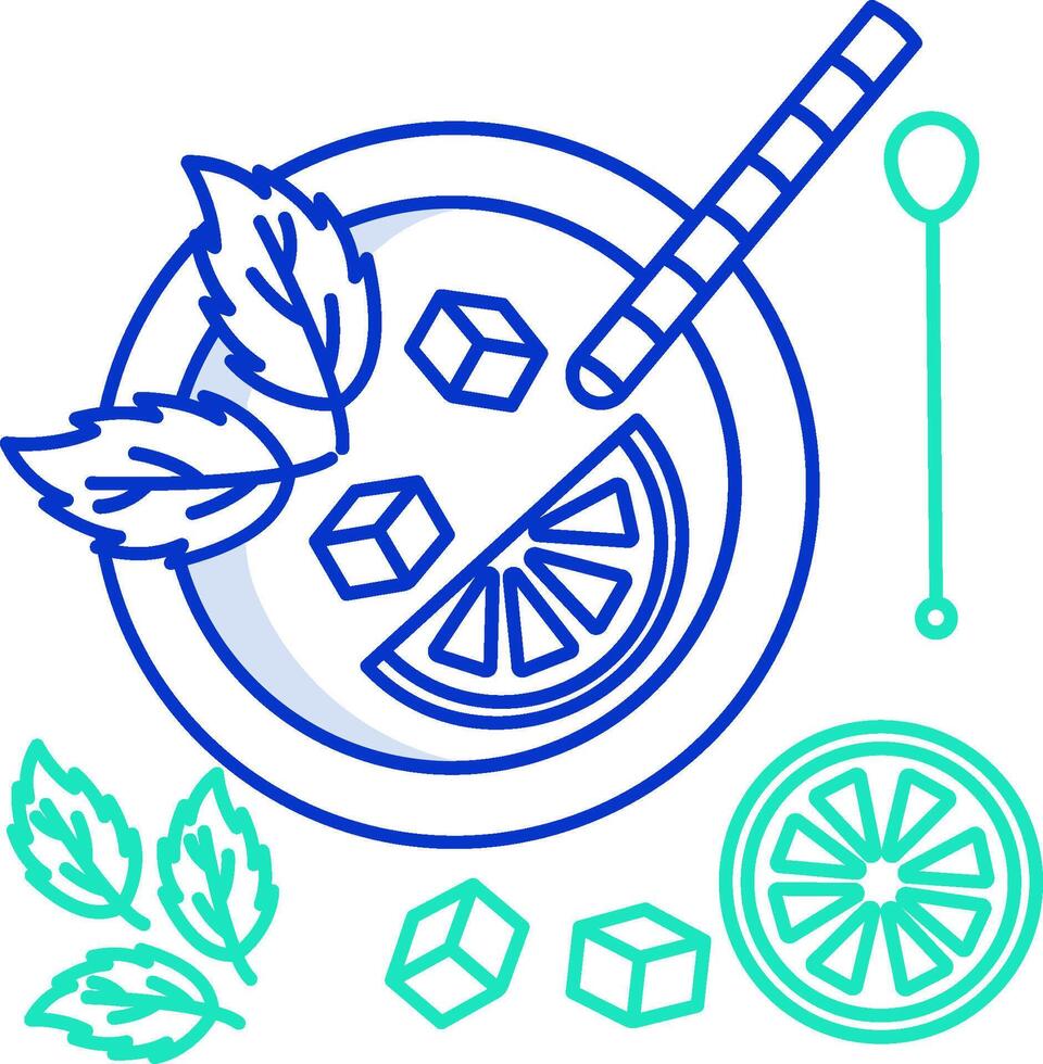 A bowl of fruit and ice cubes with a spoon and a leaf vector