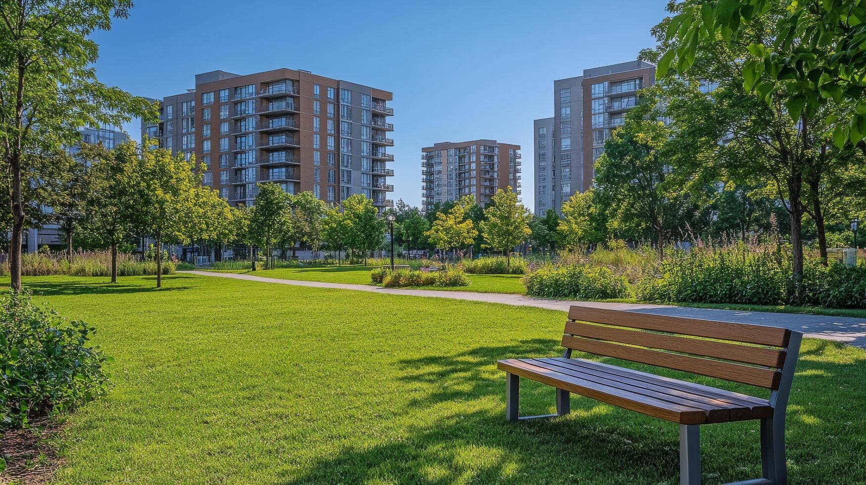 Park bench under trees with city buildings and sunset in the background photo