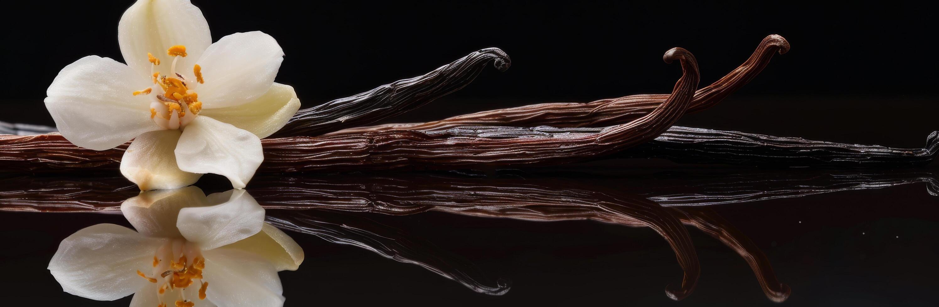 A Single Vanilla Blossom Resting on Dried Vanilla Beans photo