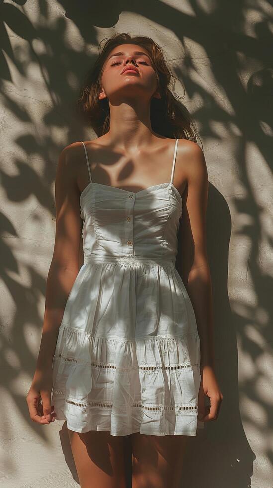 Woman in White Dress by Building photo
