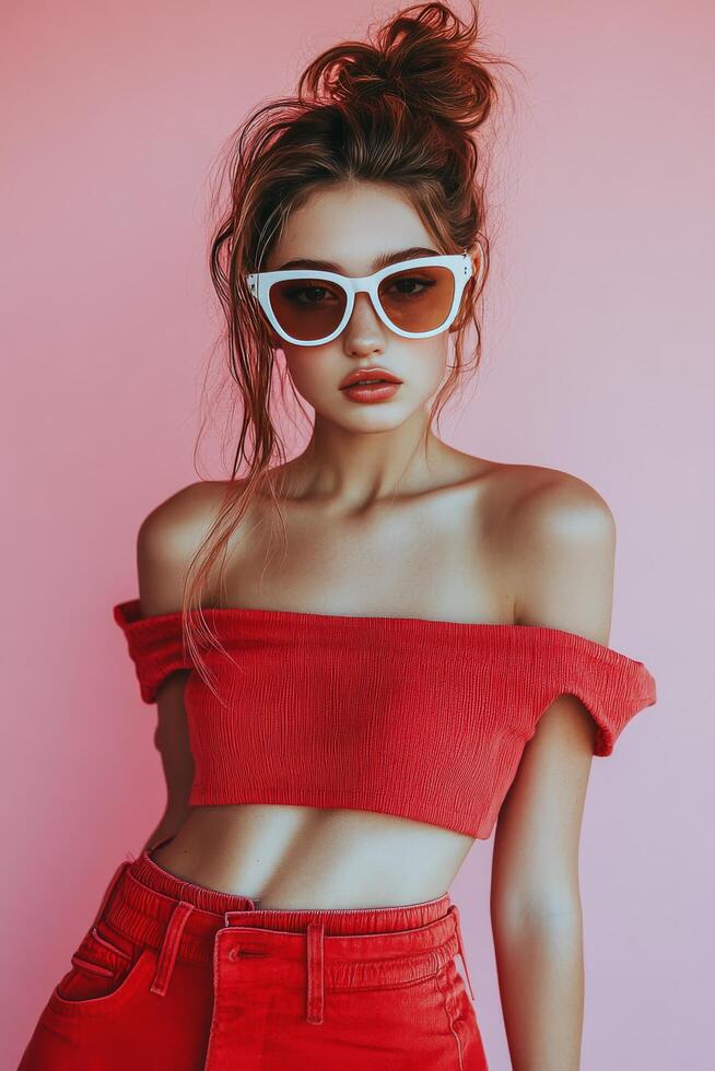 Young woman in red outfit poses against a pink background during daylight photo