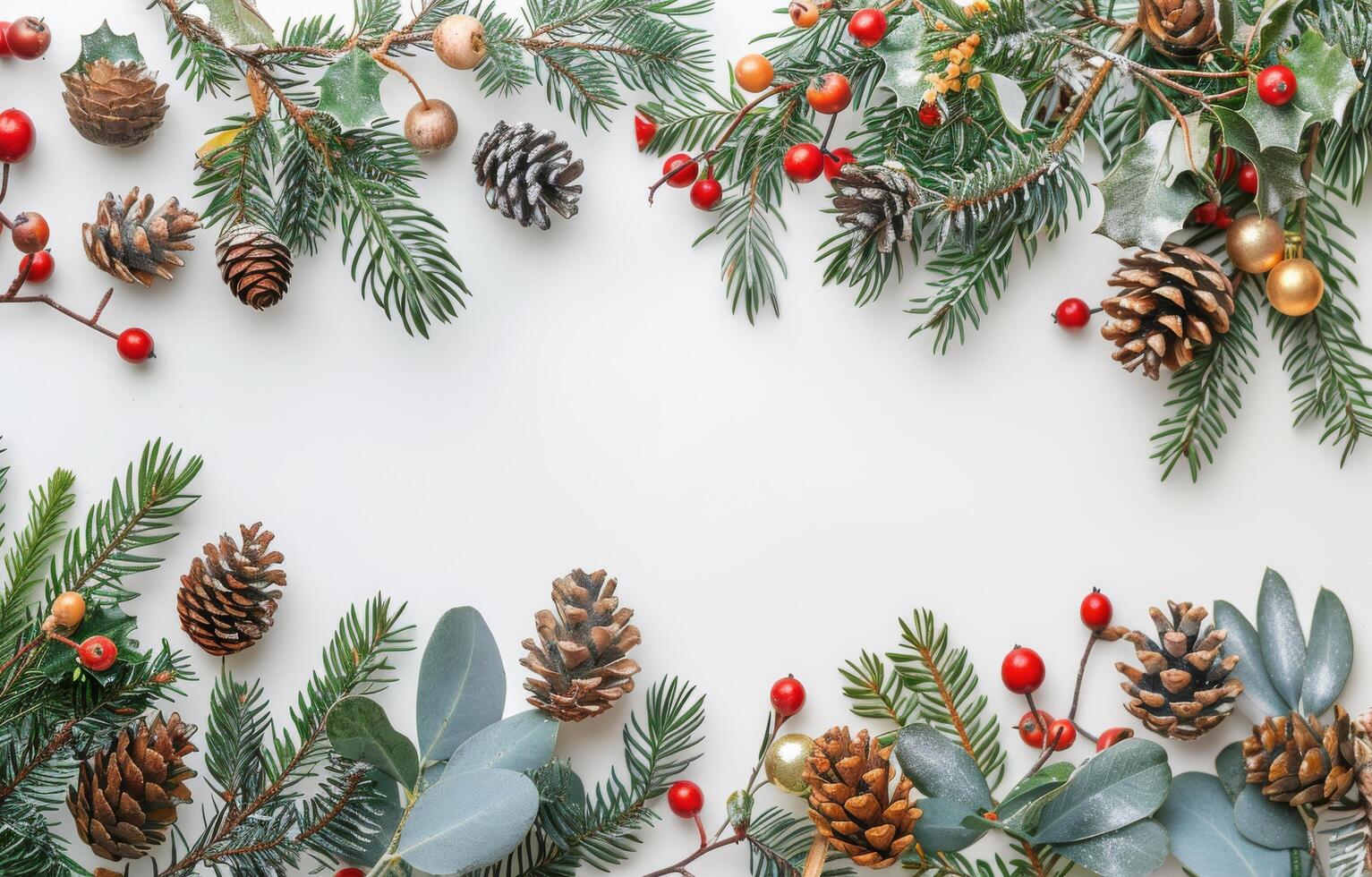 Festive Pine and Berry Holiday Border With Pine Cones photo