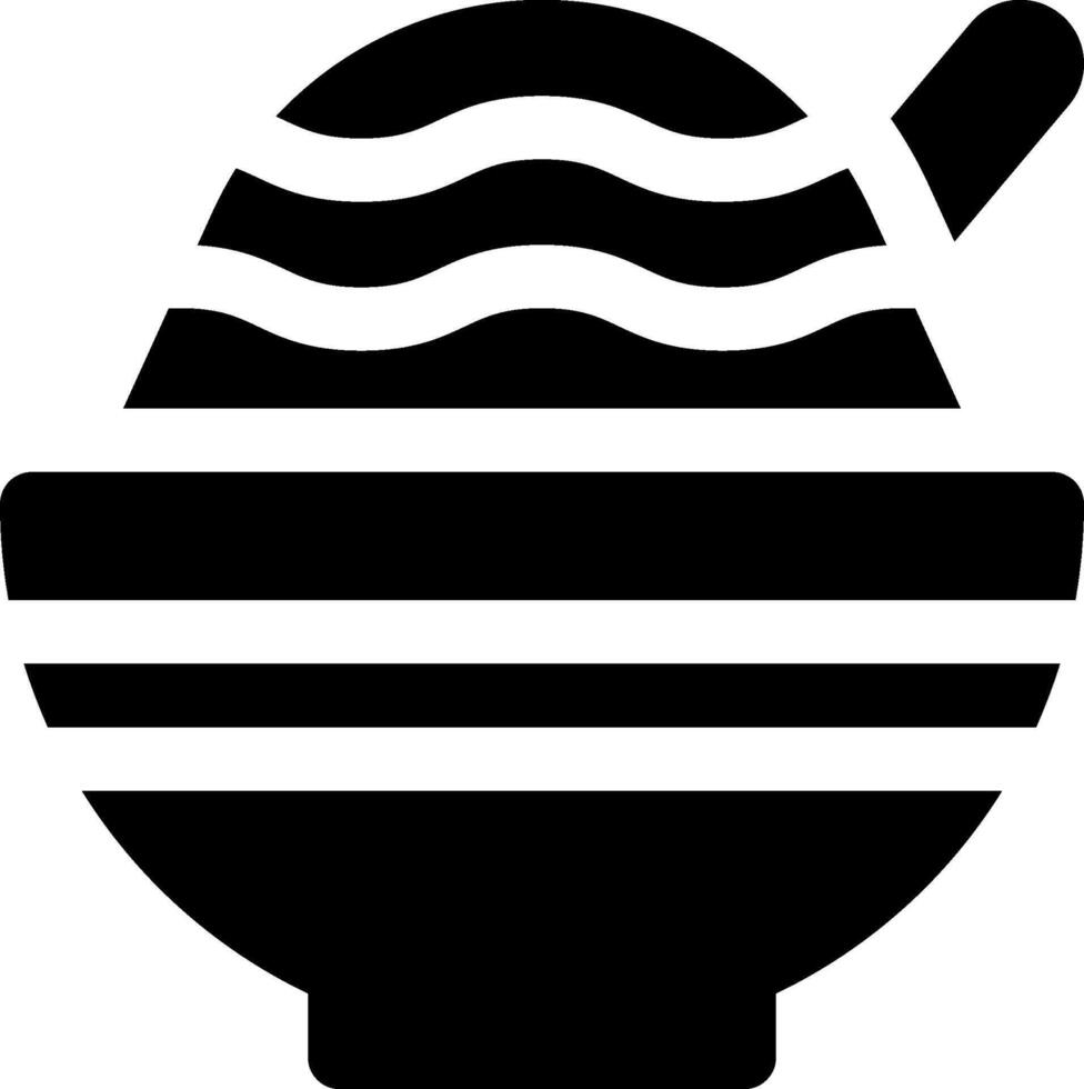 A black and white icon of a bowl with a spoon vector