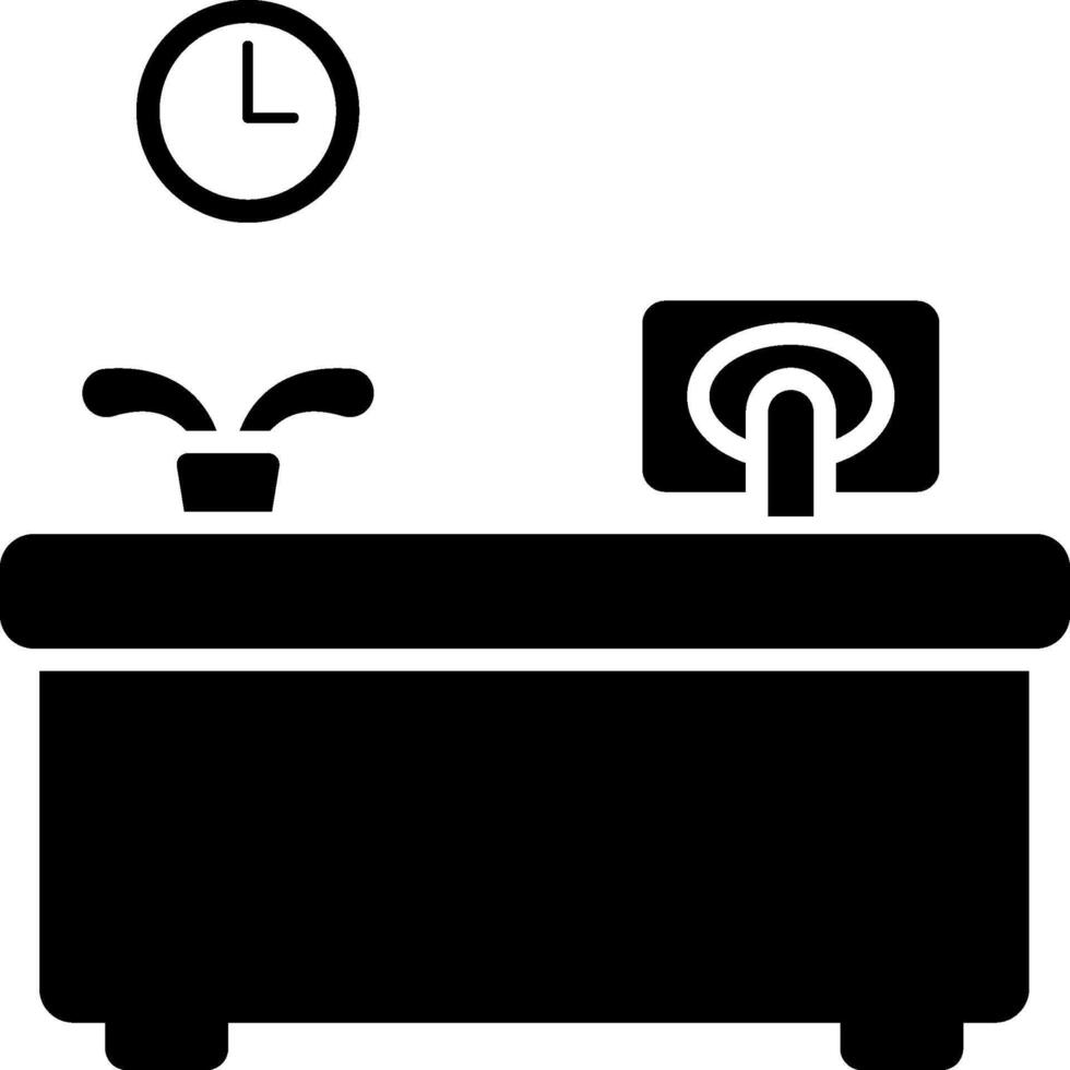 A black and white image of a desk with a clock vector