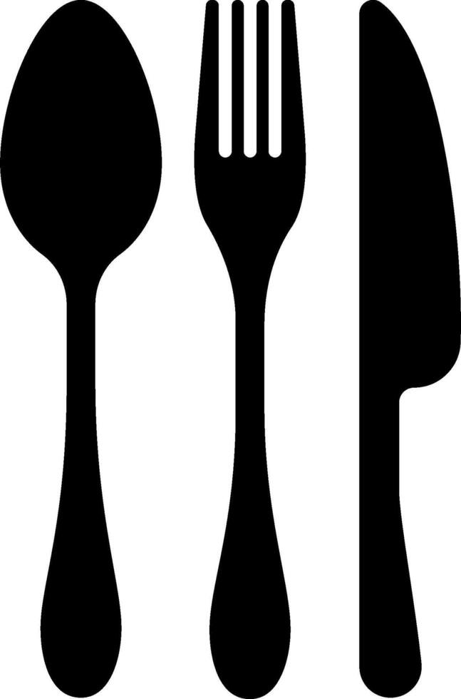 A black and white silhouette of a fork, spoon and knife vector