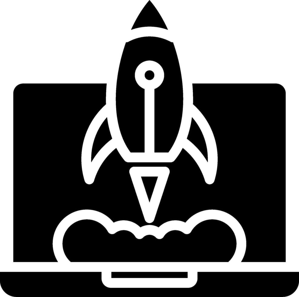 A black and white image of a rocket launching from a laptop vector