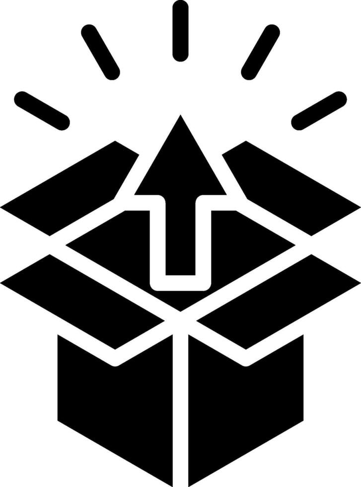 A black and white image of an open box with an arrow pointing up vector