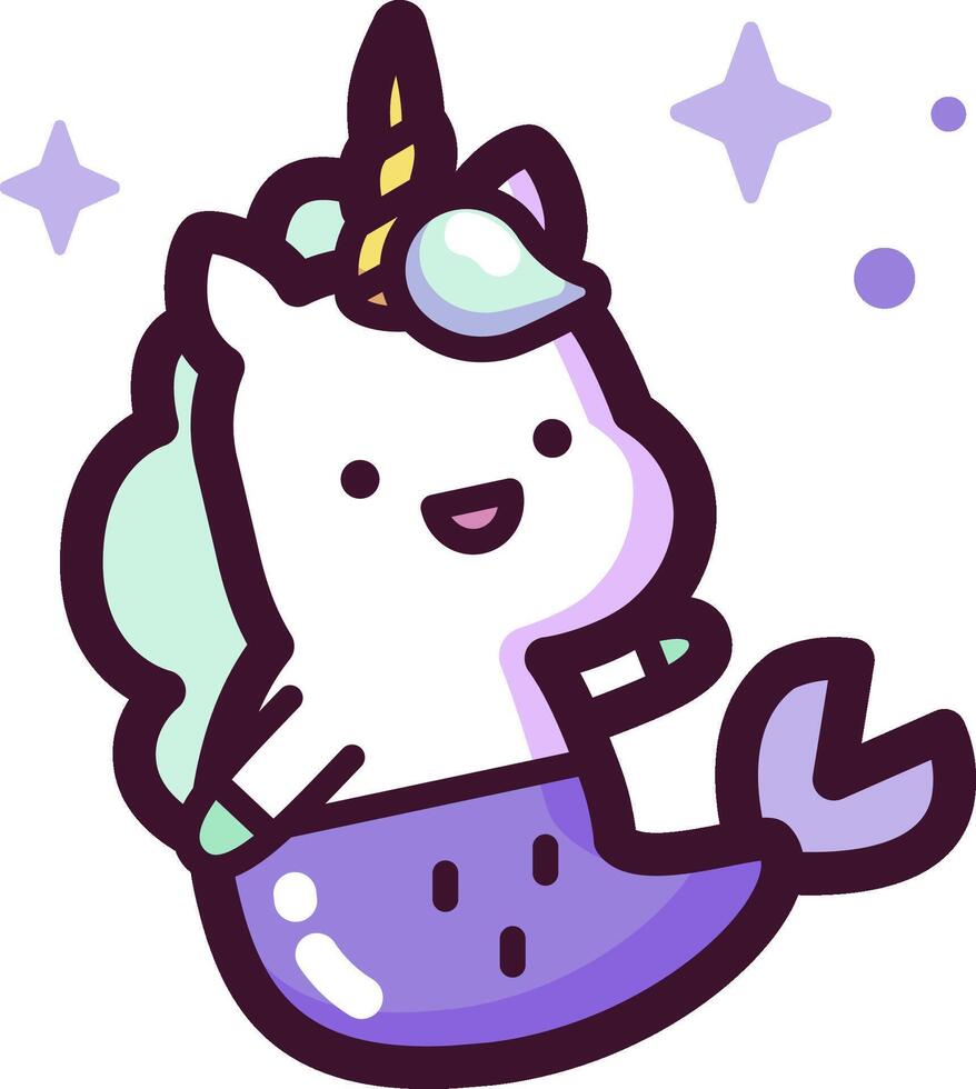 A cartoon unicorn sitting on a purple mermaid tail vector