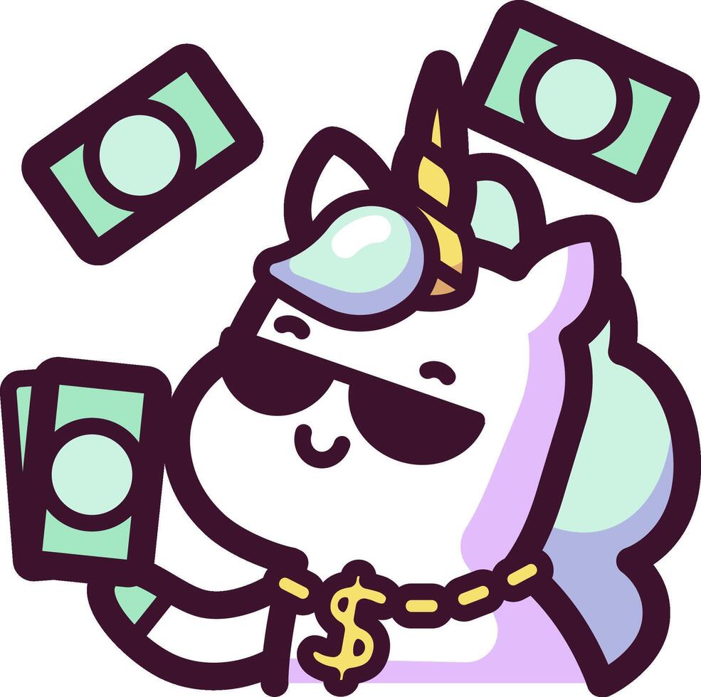 A cartoon unicorn holding money and wearing sunglasses vector