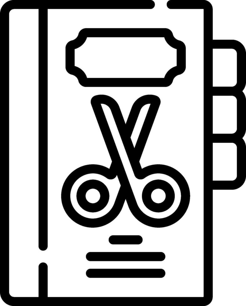A black and white icon of scissors and a book vector