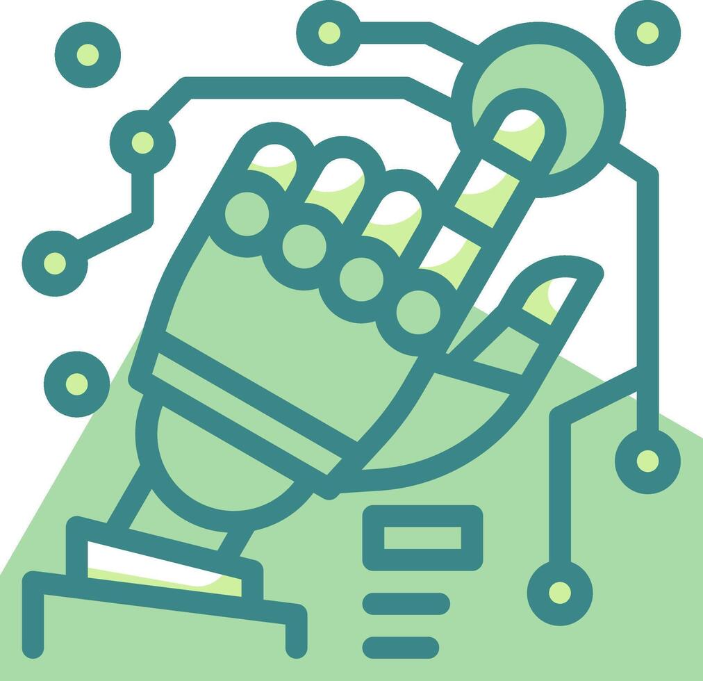 A robot hand is holding a button and pointing it at a computer vector