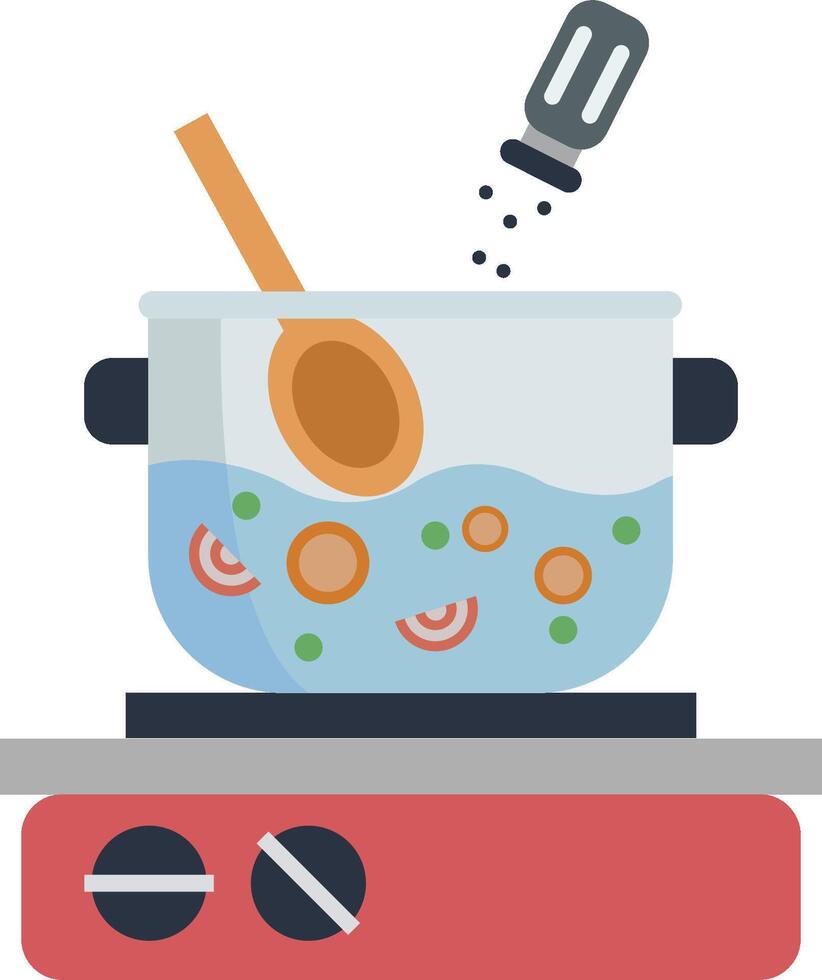 A pot with food and a spoon on top of the stove vector