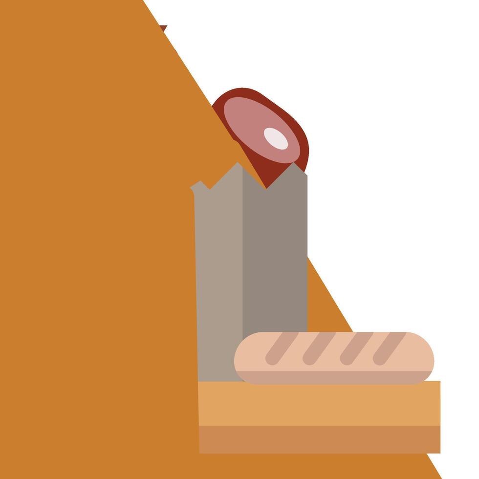 A slice of bread and a sausage on a table vector