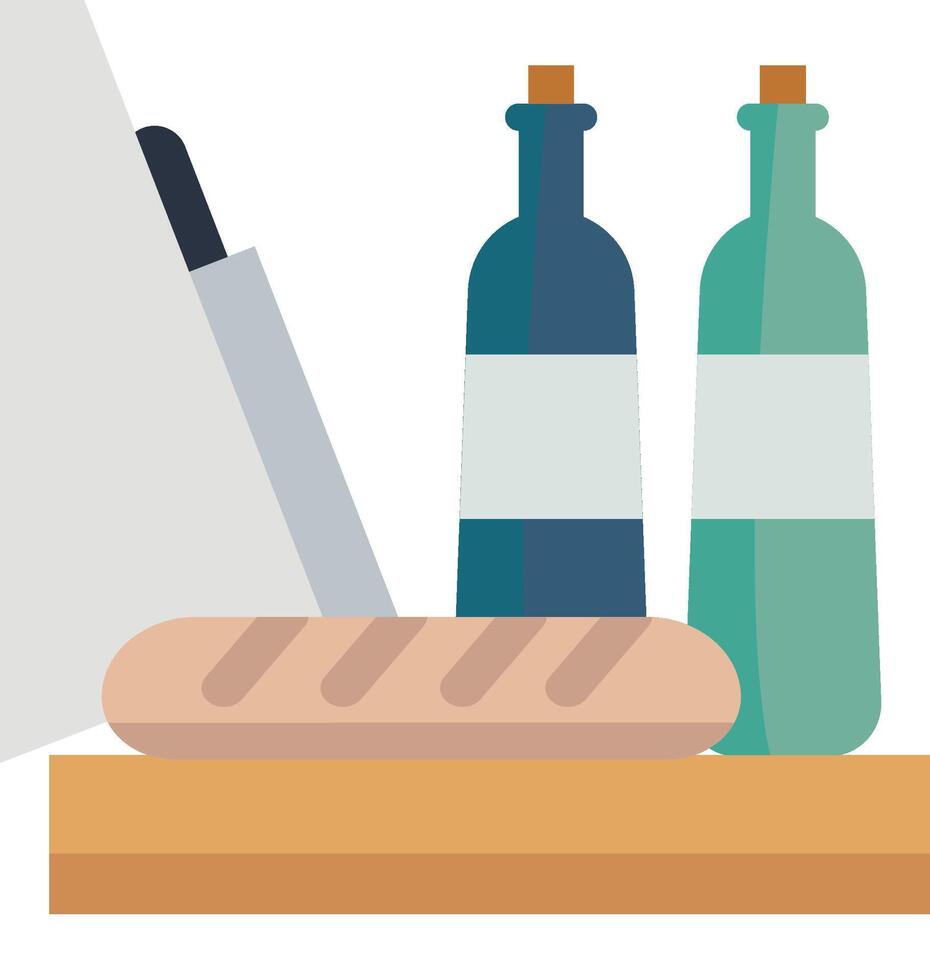 A bottle of wine, a bread knife and a bottle of olive oil vector