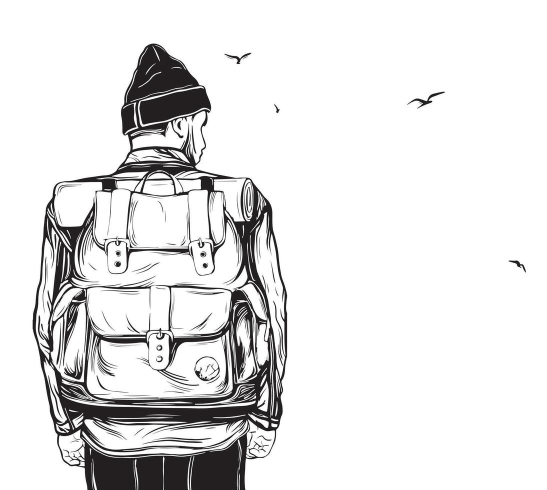 Tourists with backpacks and birds illustration. Hiker with equipment trekking. Hand drawn Illustration of tourism and recreation in the wild. hand-drawn sketch, black and white. vector