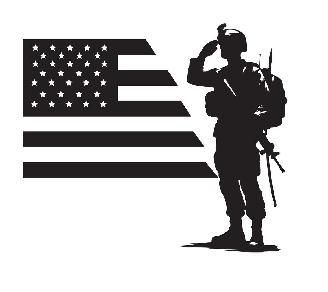 USA soldier silhouette with American flag silhouette in background for veterans day 11th November vector