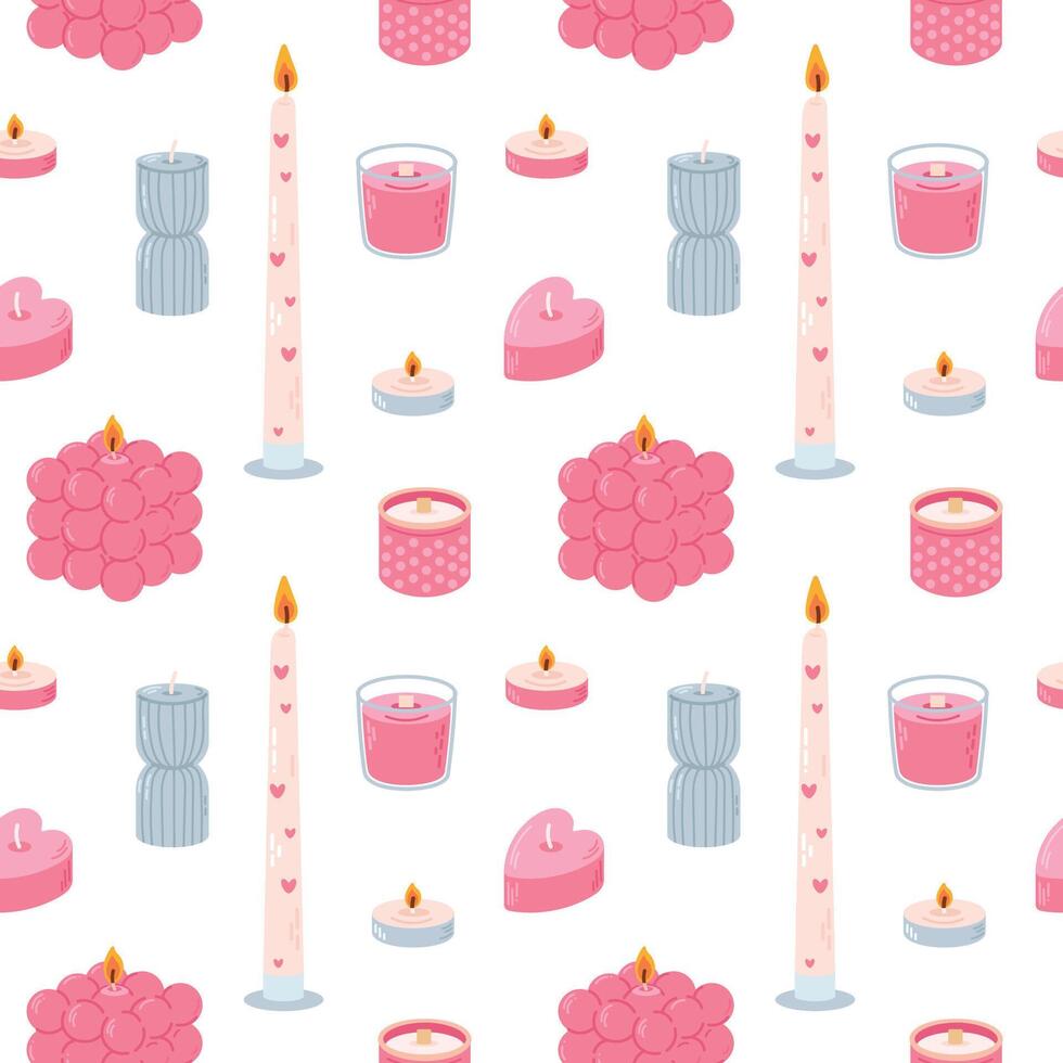 Various romantic Candles. Different shapes and sizes. Pillar, jar candle, square, container candle, heart shaped. Decorative wax candles for relax and spa. Candle snuffer. Seamless pattern vector