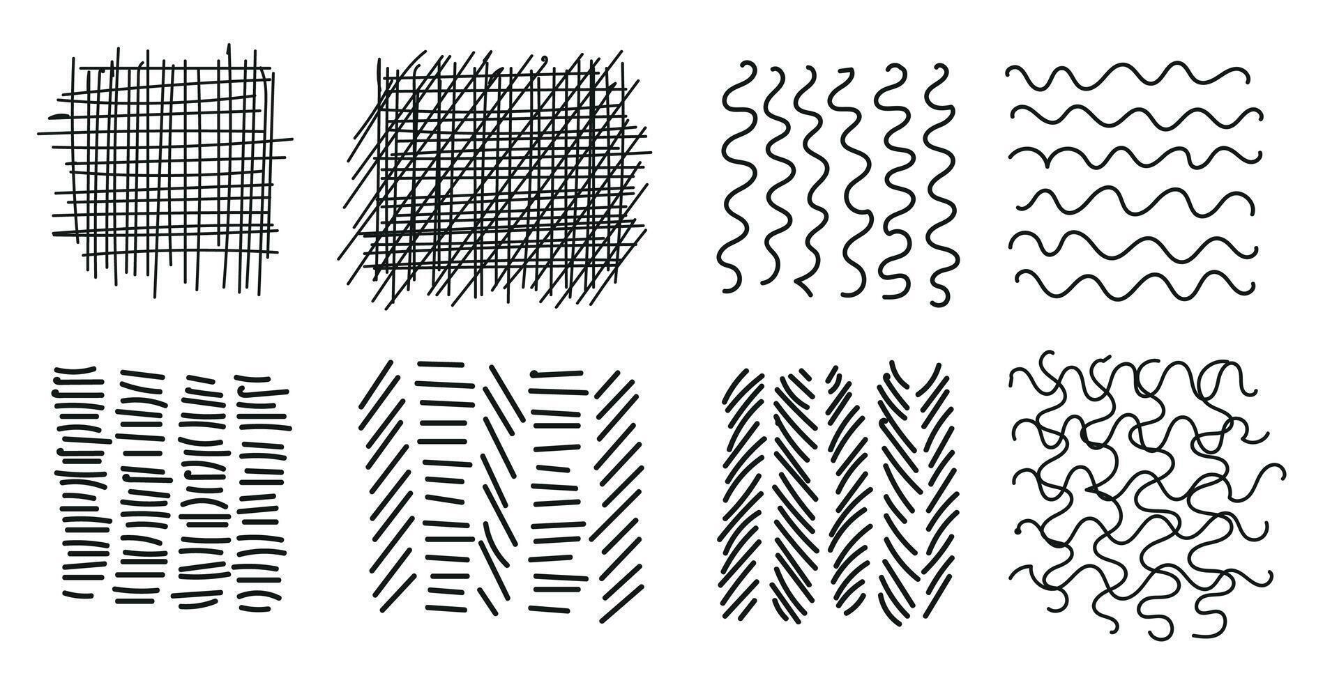Set of sketchy doodle texture. Pattern, texture, line hand drawn. Hatch drawing pen ink and crosshatch draw pencil sketch. Doodle scratch style. Black shape isolated on white background. vector