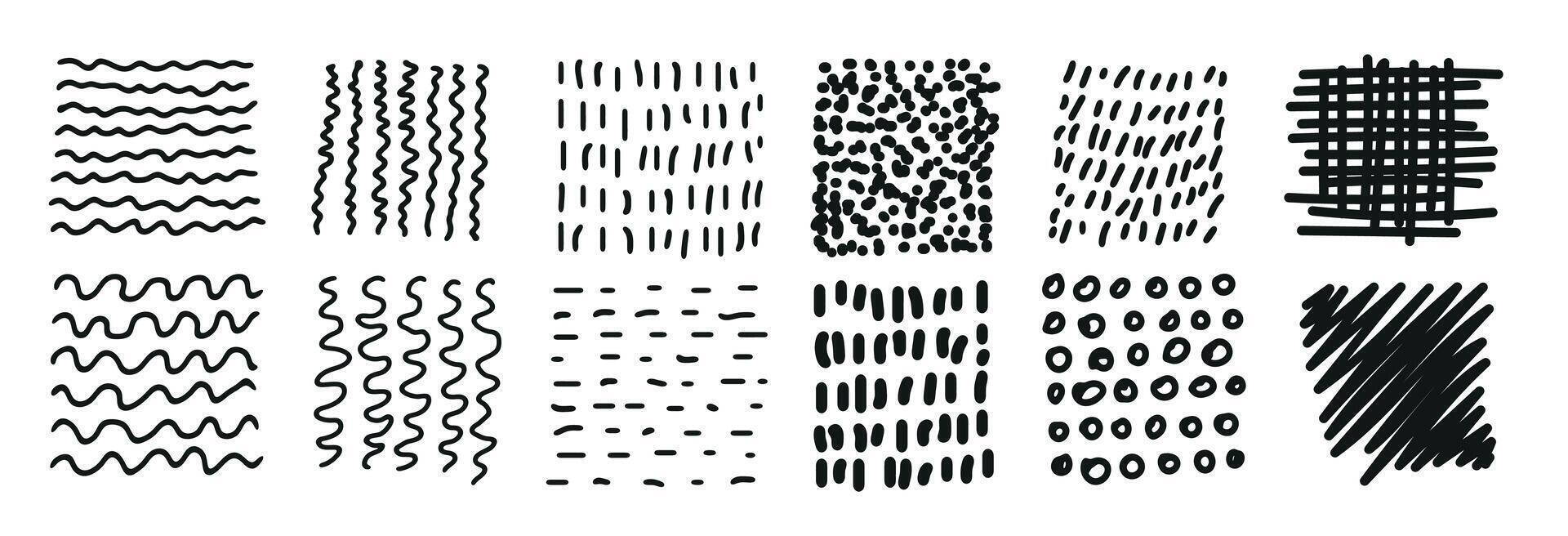 Set of sketchy doodle texture. Pattern, texture, line hand drawn. Hatch drawing pen ink and crosshatch draw pencil sketch. Doodle scratch style. Black shape isolated on white background. vector
