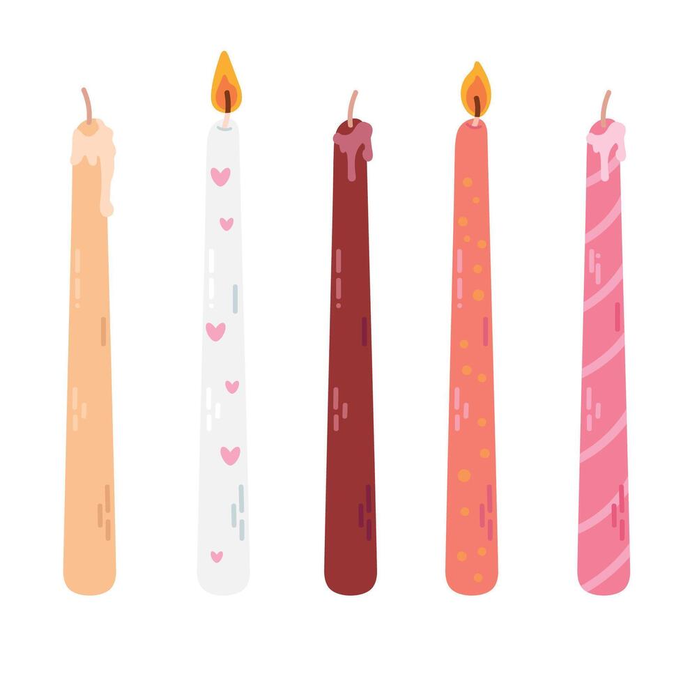 Various Candles. Different color and sizes. Pillar, candlestick. Decorative wax candles for relax and spa. Candle snuffer. vector