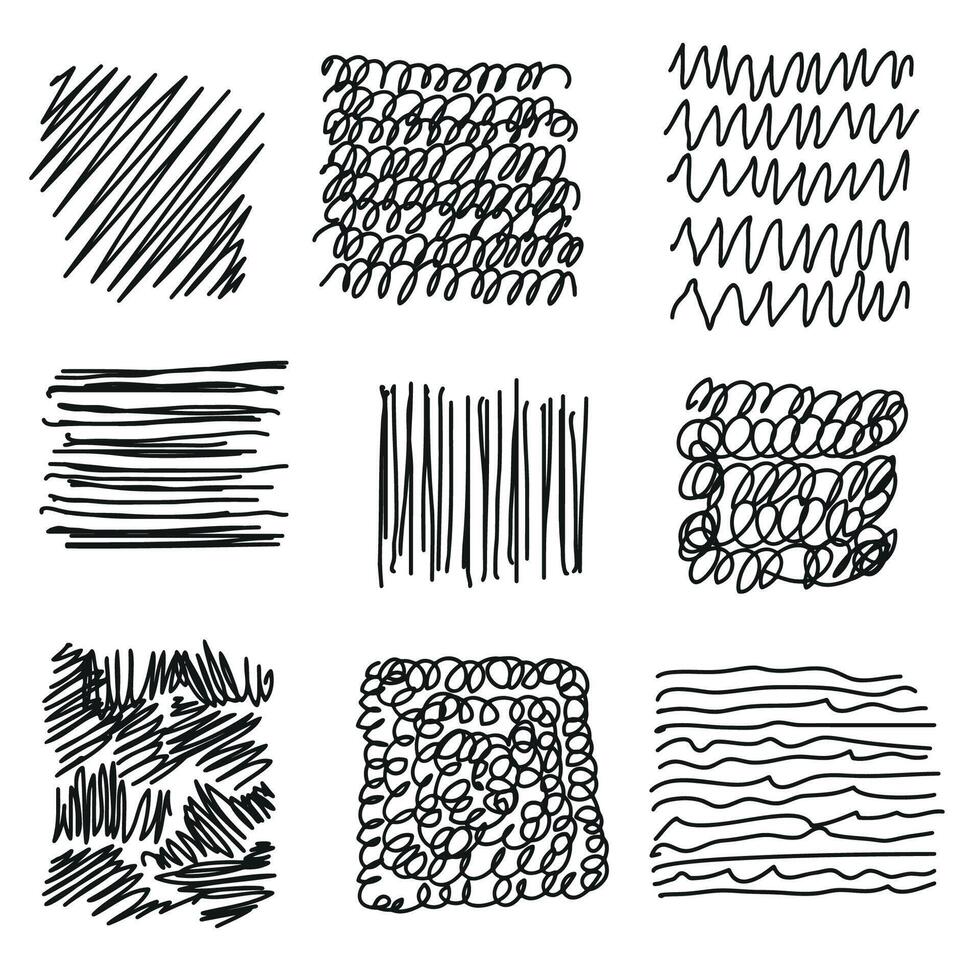 Set of sketchy doodle texture. Pattern, texture, line hand drawn. Hatch drawing pen ink and crosshatch draw pencil sketch. Doodle scratch style. Black shape isolated on white background. vector