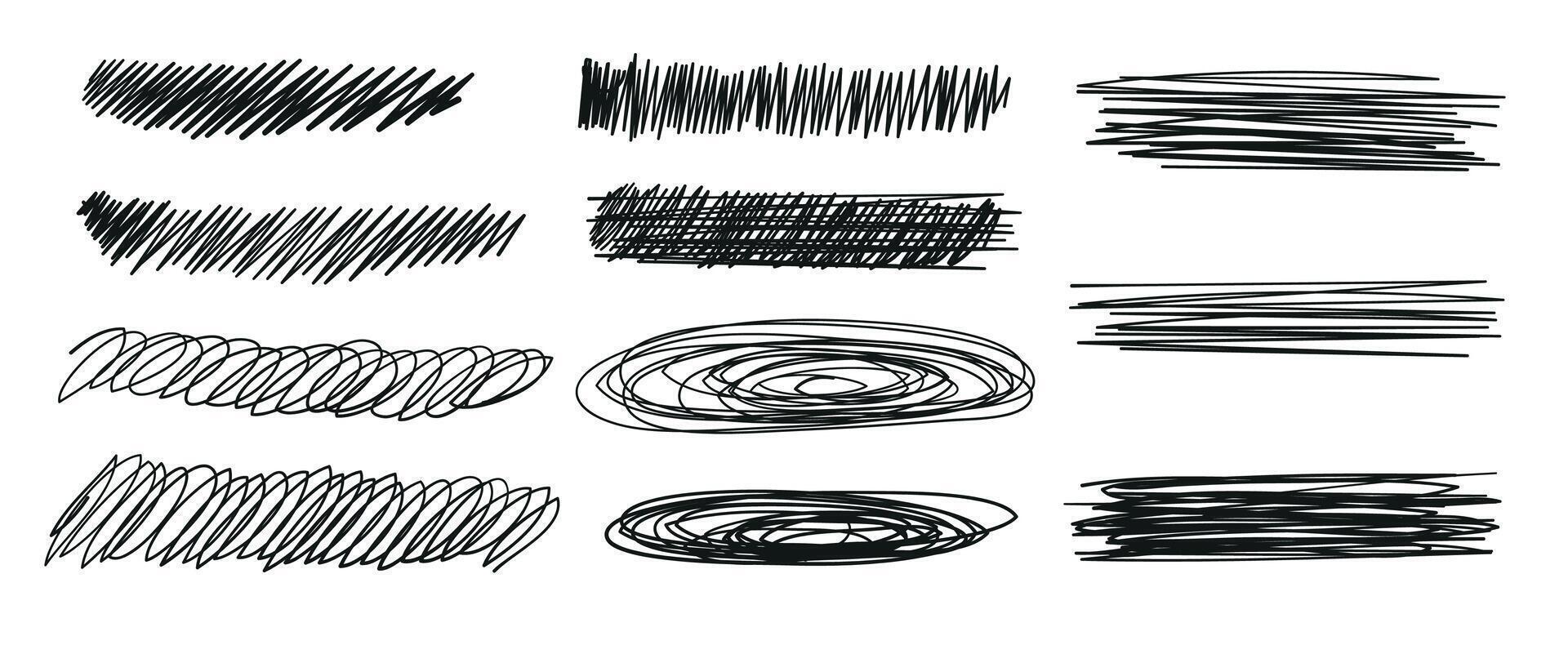 Set of sketchy doodle texture. Pattern, texture, line hand drawn. Hatch drawing pen ink and crosshatch draw pencil sketch. Doodle scratch style. Black shape isolated on white background. vector