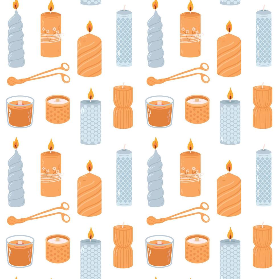 Various Candles. Different shapes and sizes. Pillar, jar candle, square, container candle, heart shaped. Decorative wax candles for relax and spa. Candle snuffer. Seamless pattern vector