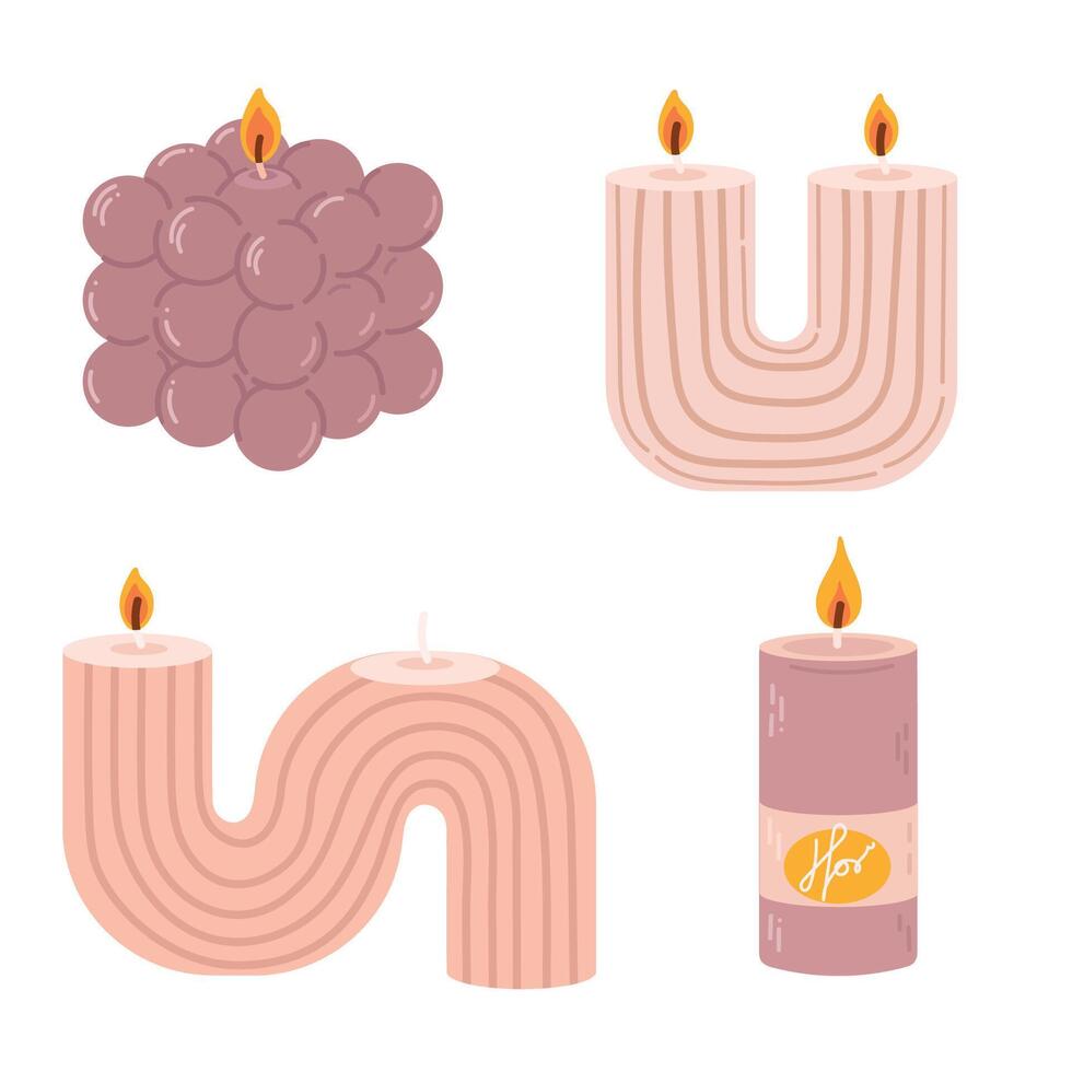 Various Candles. Different shapes and sizes. Pillar, jar candle, square, container candle, heart shaped. Decorative wax candles for relax and spa. Candle snuffer. vector