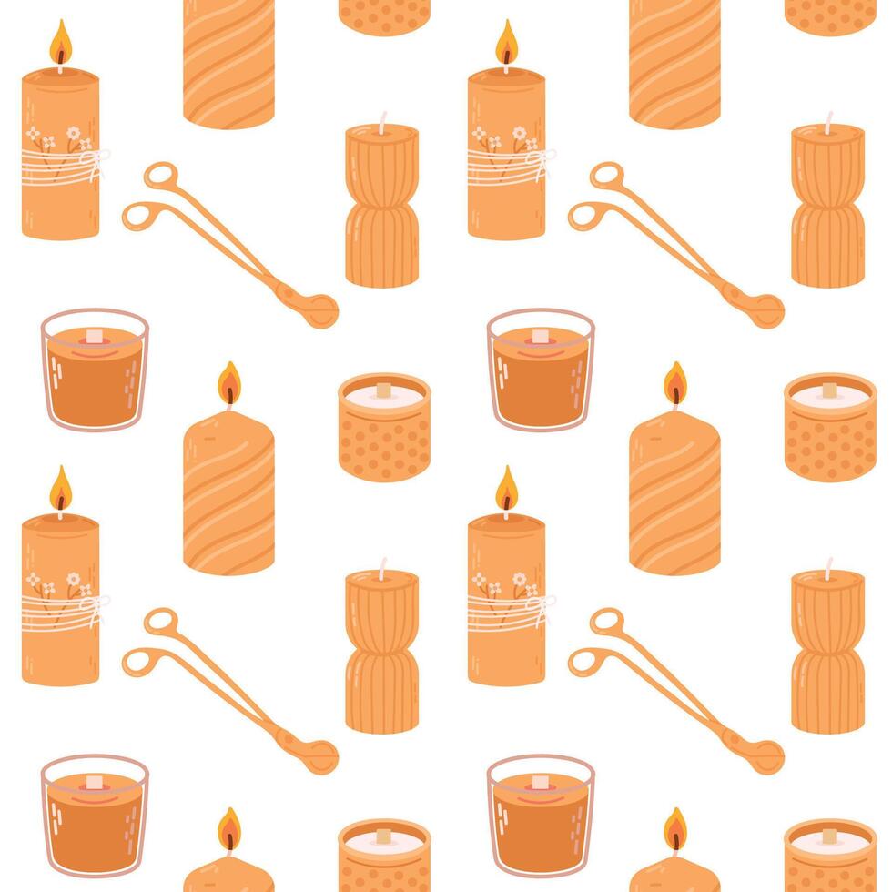 Various Candles. Different shapes and sizes. Pillar, jar candle, square, container candle, heart shaped. Decorative wax candles for relax and spa. Candle snuffer. Seamless pattern vector