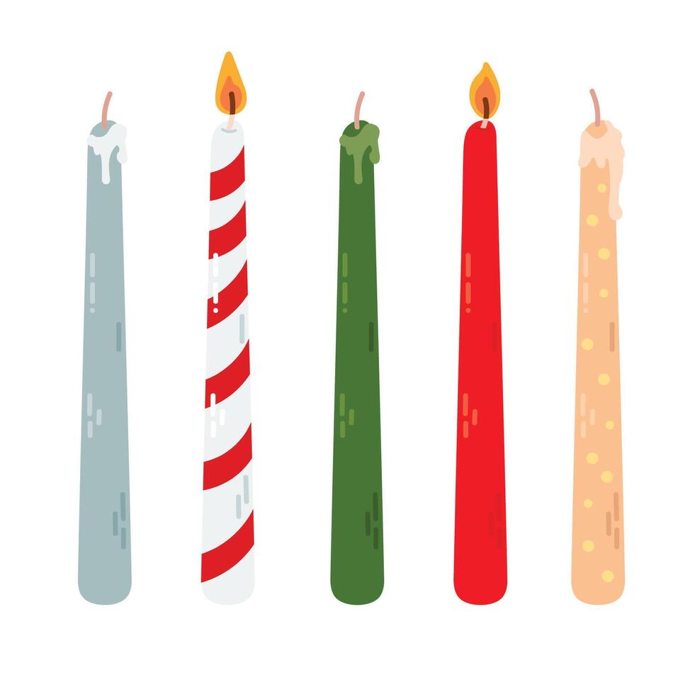Various Candles. Different color and sizes. Pillar, candlestick. Decorative wax candles for relax and spa. Candle snuffer. vector