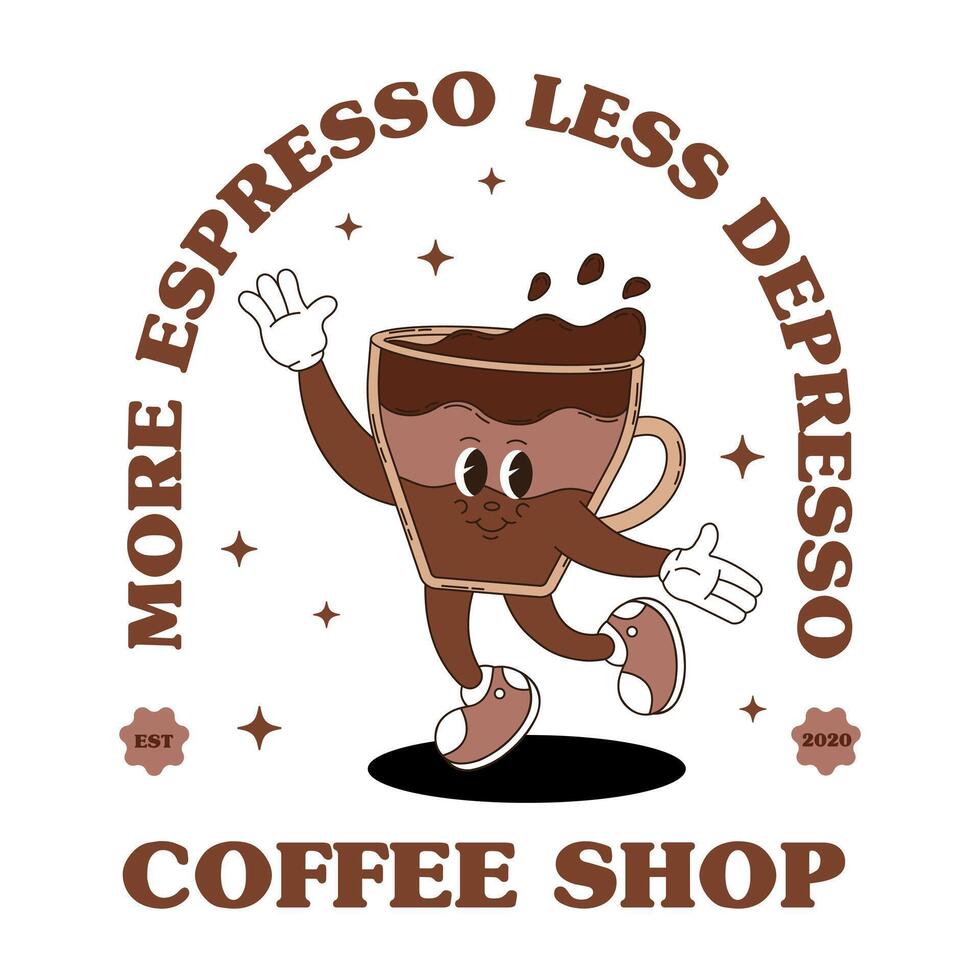Retro logo mascot with coffee. Groovy food mascot for coffee shop, cafe menu and more. vector